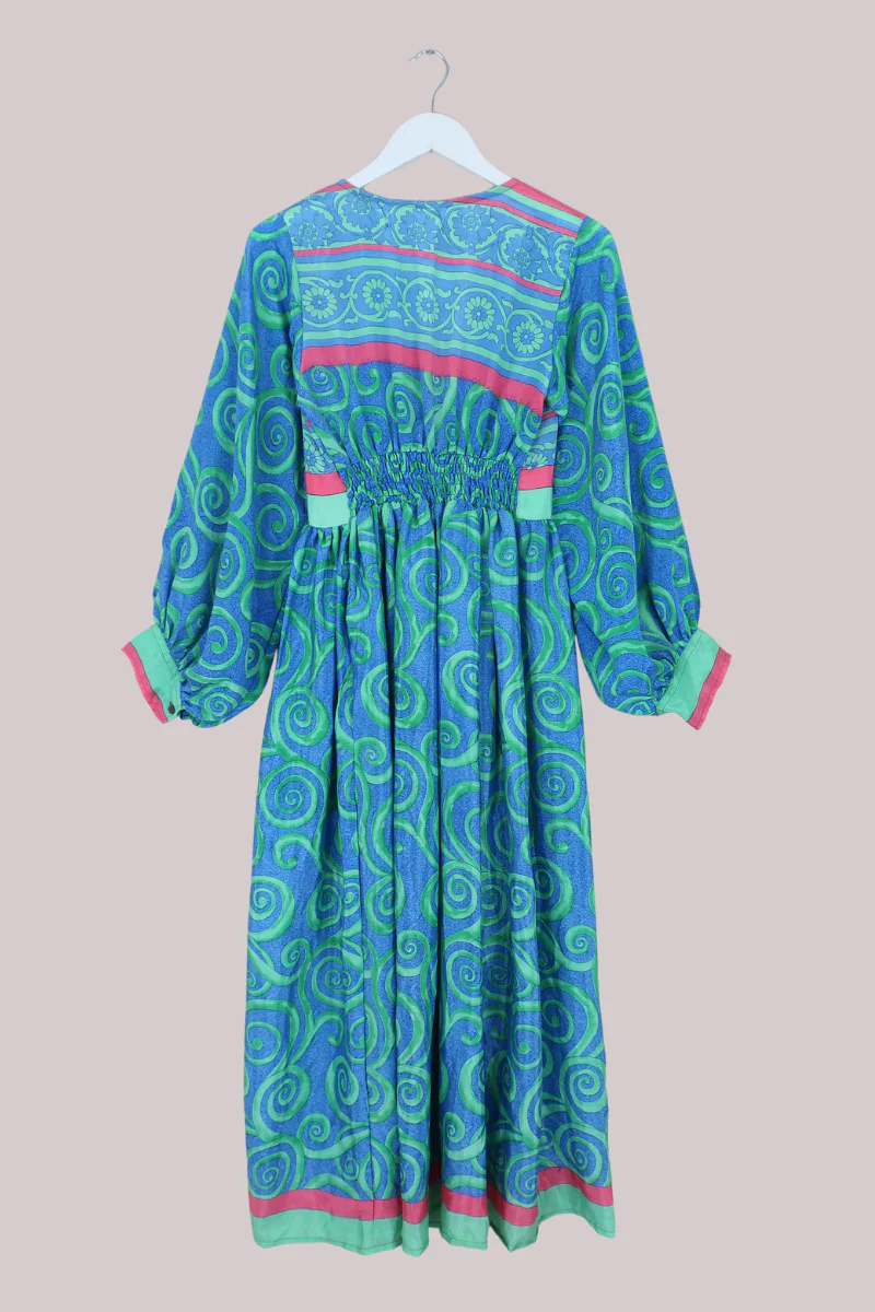 Rosemary Vintage Sari Maxi Dress in Crystal Blue & Green - Size S/M - Image 3