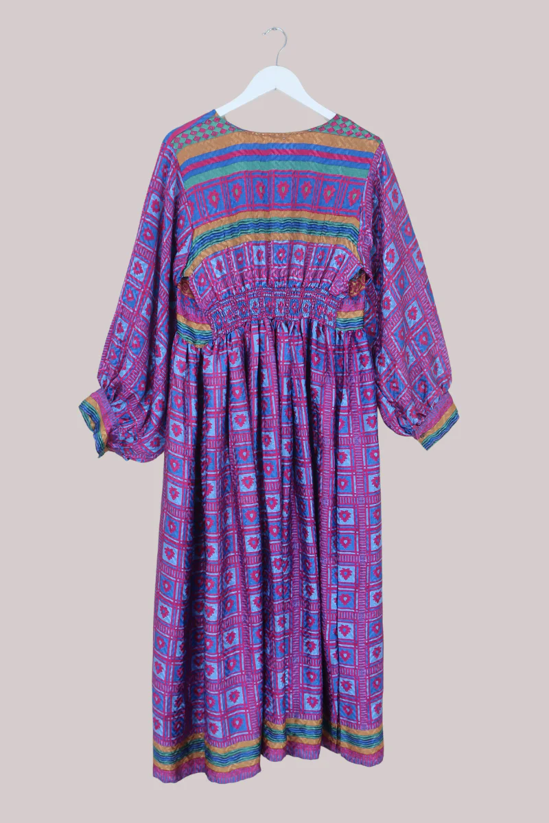 Rosemary Vintage Sari Maxi Dress in Magenta, Navy & Ice Motif - Size - Image 3