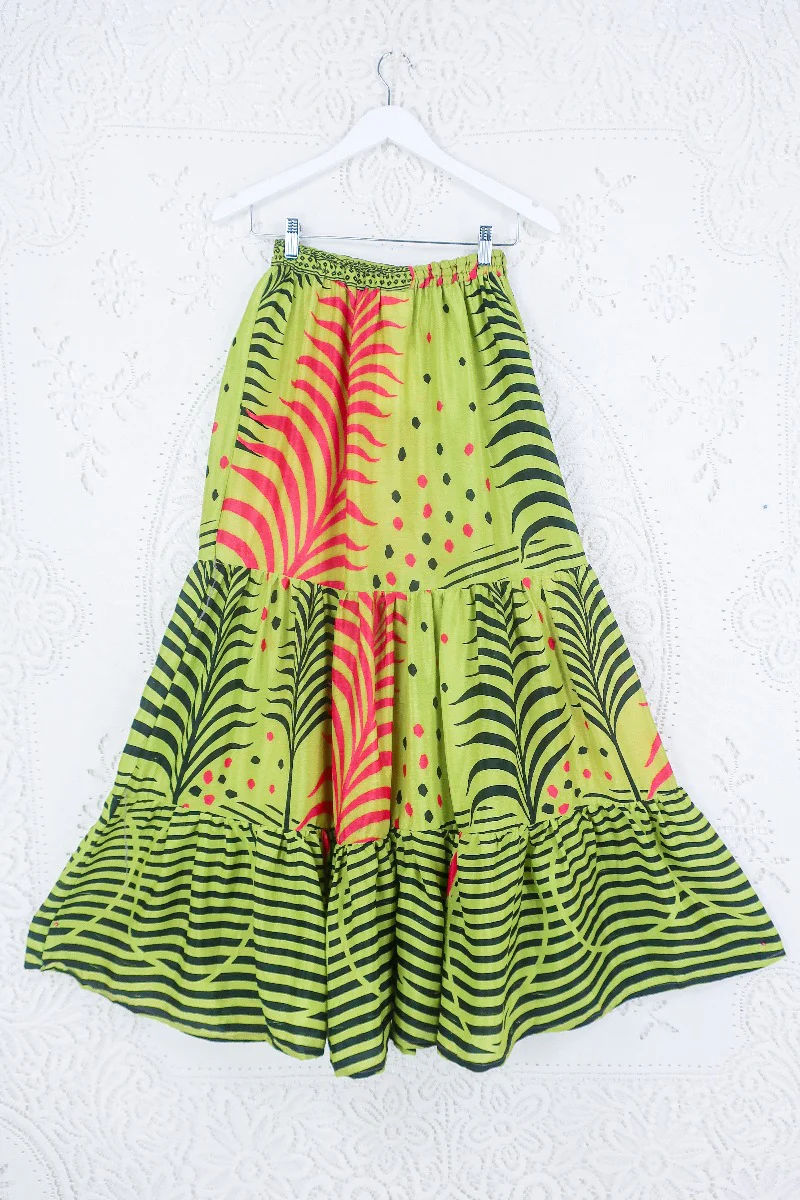 Rosie Maxi Skirt - Vintage Sari - Tropical Lime & Flamingo Pink Ferns - XS- S/M - Image 3