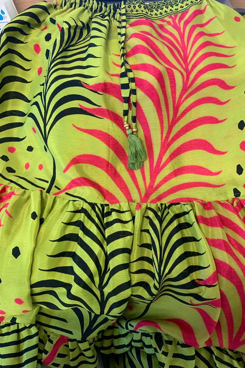 Rosie Maxi Skirt - Vintage Sari - Tropical Lime & Flamingo Pink Ferns - XS- S/M - Image 4