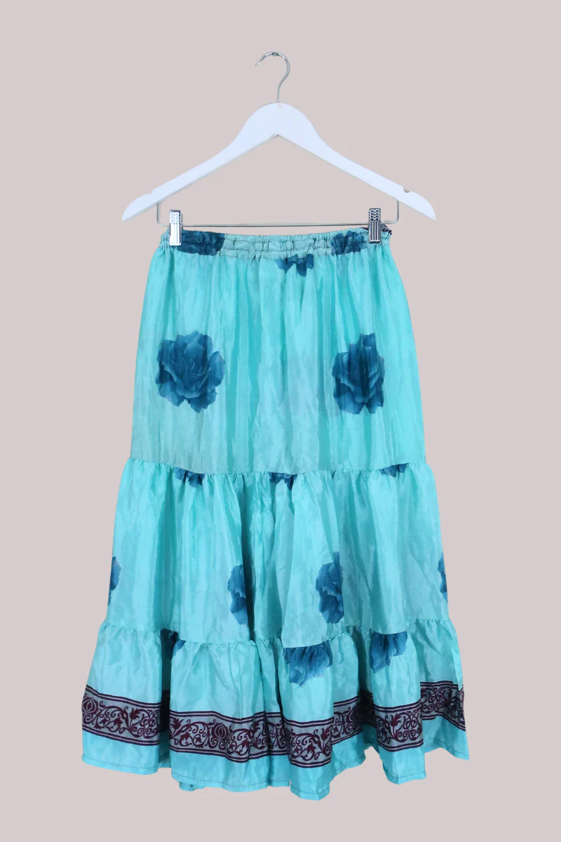 Rosie Midi Skirt in Sky Blue Roses - Free Size - Image 3