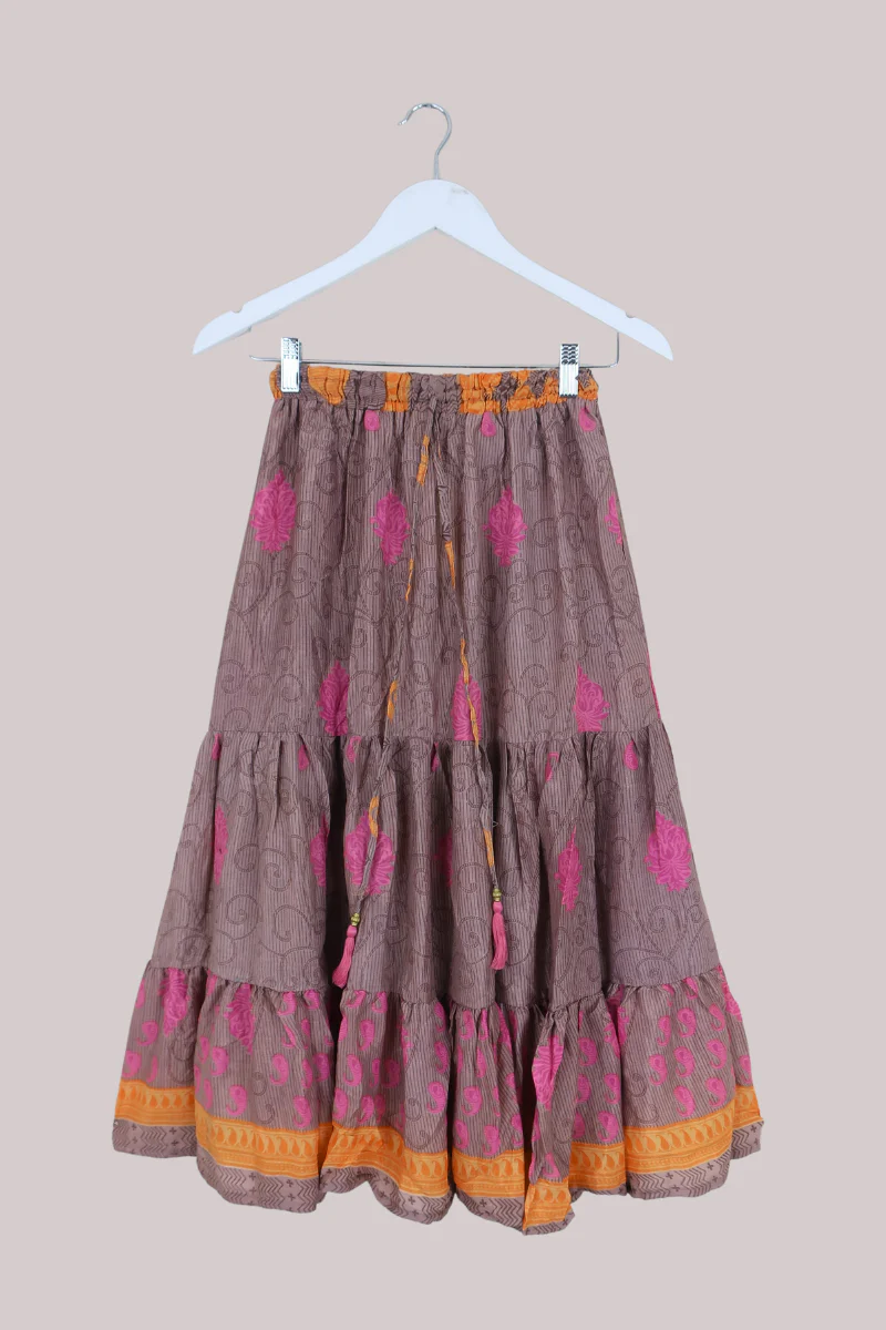 Rosie Midi Skirt in Taupe, Fuschia & Clementine - Free Size