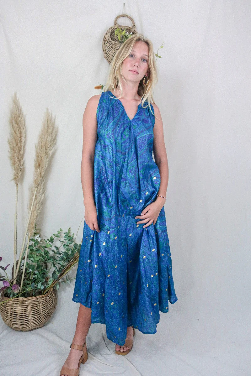 Siren Maxi Dress - Golden Treasure, Ocean Teal and Seagrass Green Intricate Paisley - Vintage Indian Silk - M/L - Image 2