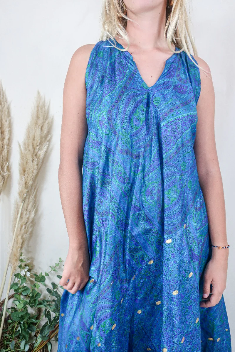 Siren Maxi Dress - Golden Treasure, Ocean Teal and Seagrass Green Intricate Paisley - Vintage Indian Silk - M/L - Image 3