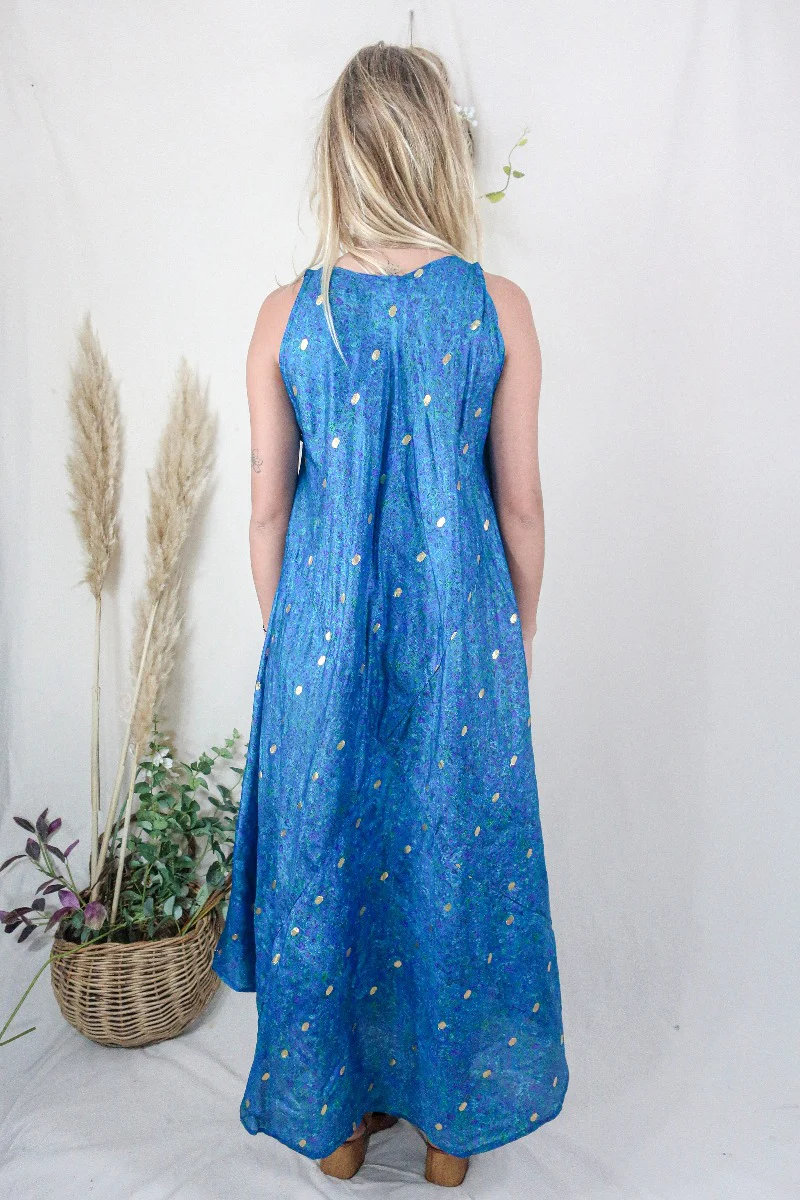 Siren Maxi Dress - Golden Treasure, Ocean Teal and Seagrass Green Intricate Paisley - Vintage Indian Silk - M/L - Image 4