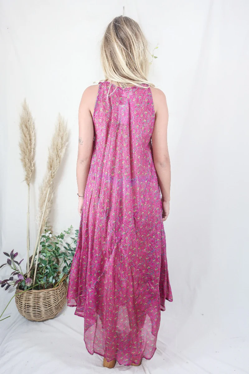 Siren Maxi Dress - Magenta and Moss Chevron Paisley - Vintage Indian Silk - M/L - Image 4