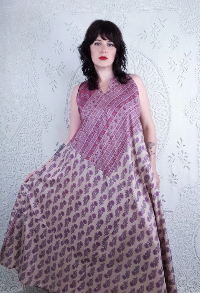 Siren Maxi Dress - Rosehip & Ivory Wildflower Block Print - Vintage Indian Silk - XS-M/L - Image 2