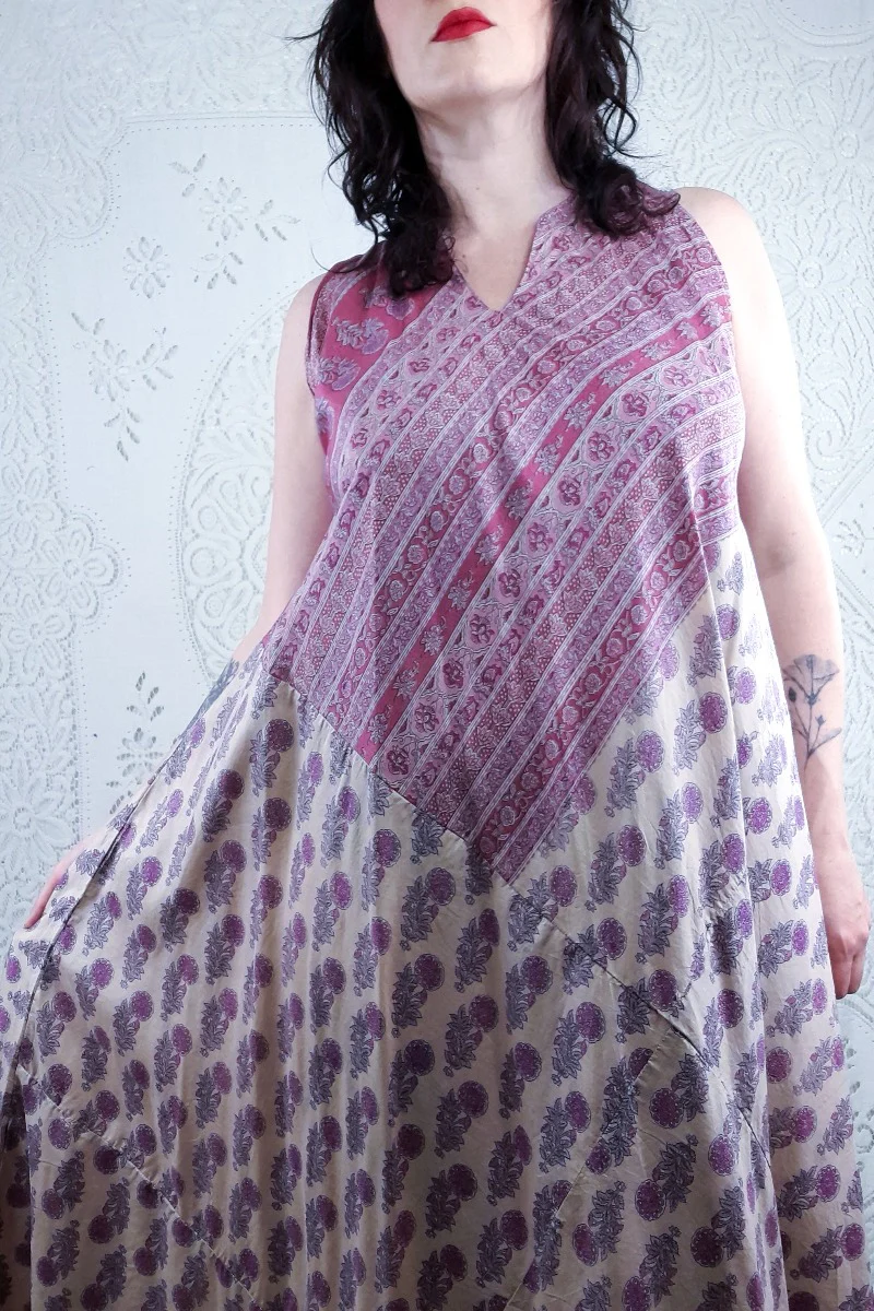 Siren Maxi Dress - Rosehip & Ivory Wildflower Block Print - Vintage Indian Silk - XS-M/L - Image 3