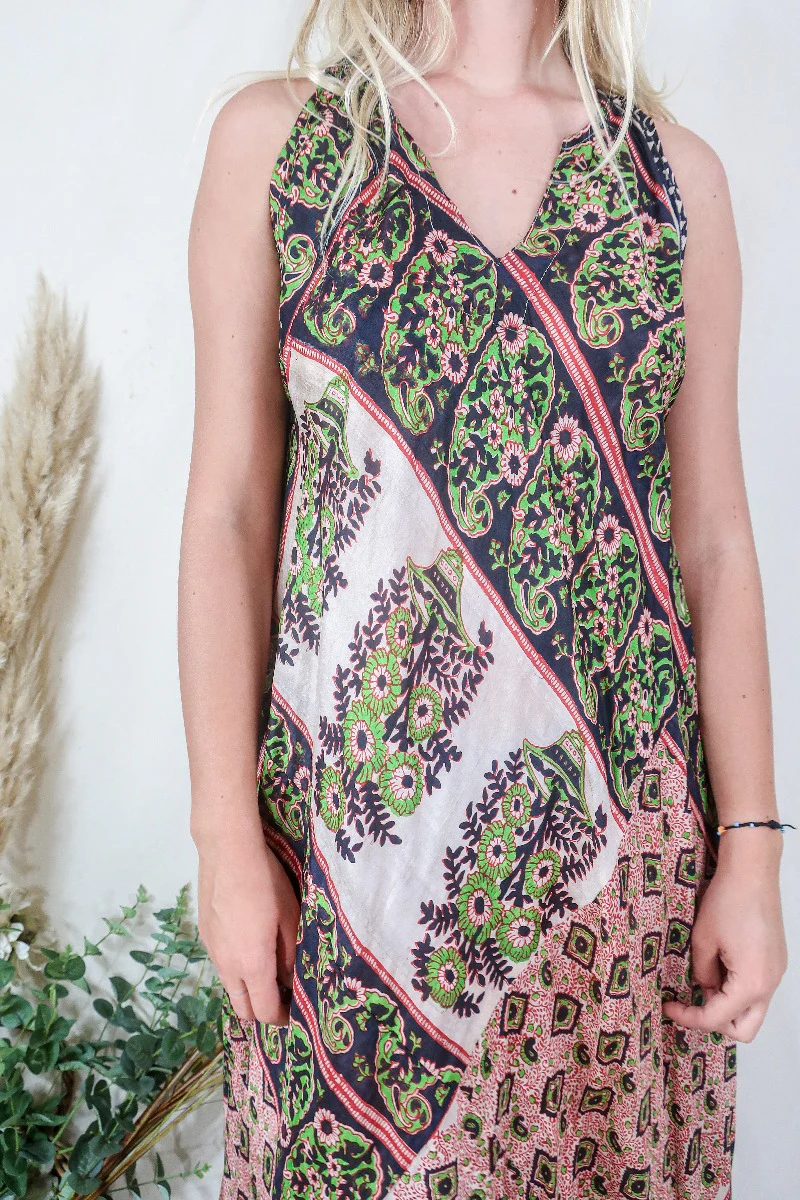 Siren Maxi Dress - Taupe and Midnight Block Print Floral Ikat - Vintage Indian Silk - M/L - Image 2