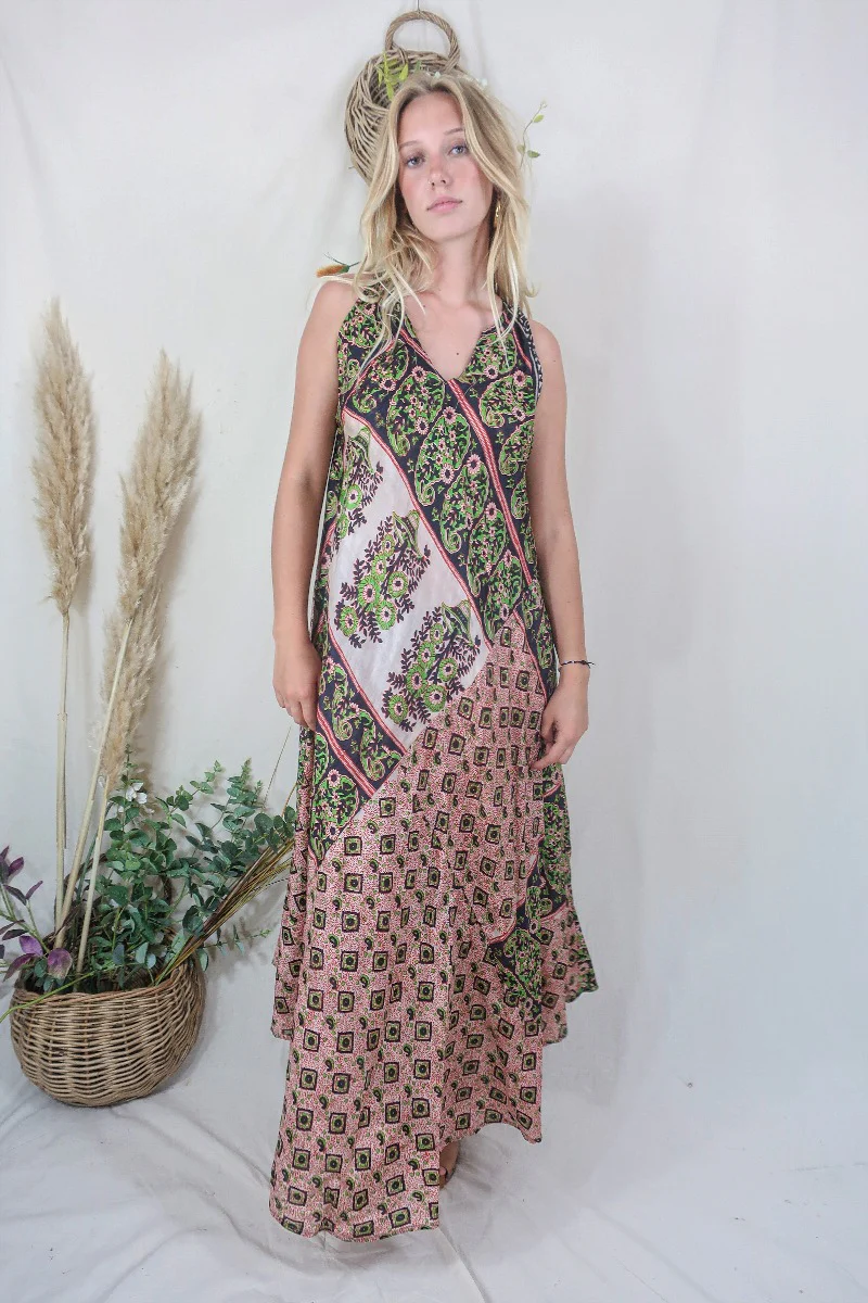 Siren Maxi Dress - Taupe and Midnight Block Print Floral Ikat - Vintage Indian Silk - M/L - Image 3