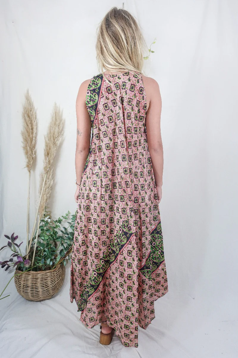Siren Maxi Dress - Taupe and Midnight Block Print Floral Ikat - Vintage Indian Silk - M/L - Image 4