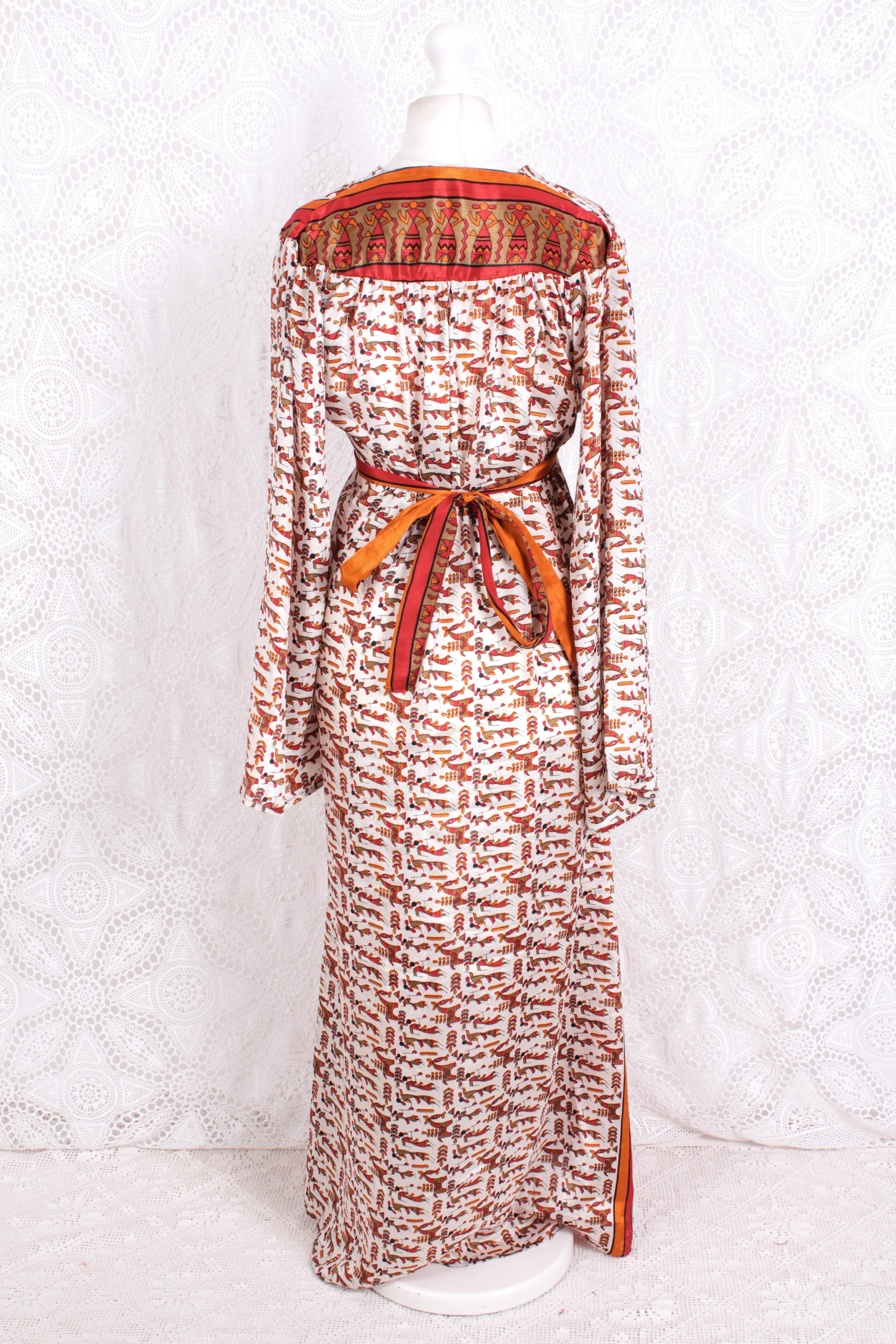 Stevie Maxi Dress - Vintage Indian Sari - Powder, Red & Amber Illustrations - XS - Image 4
