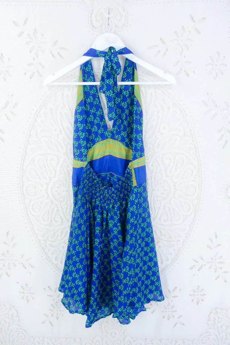 Sydney Mini Halter Dress - Azure Blue Floral Motif - Vintage Sari - XXS - Image 3