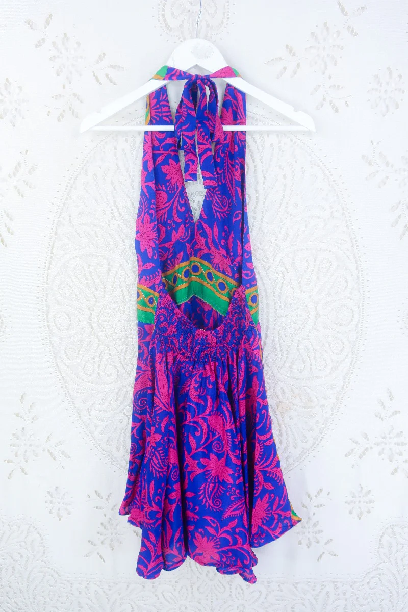 Sydney Mini Halter Dress - Sapphire & Fuchsia Floral Paisley - Vintage Sari - XXS - Image 3
