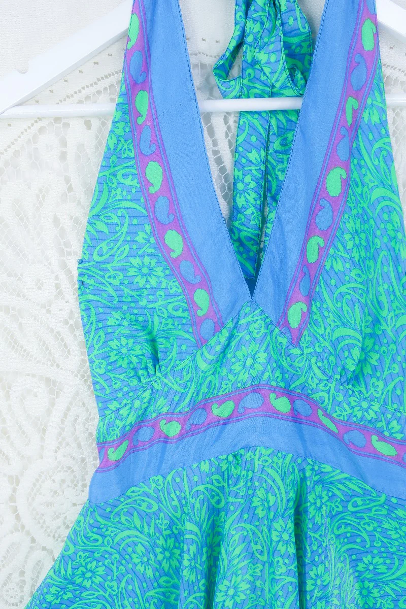Sydney Mini Halter Dress - Seafoam & Sky Blue Floral - Vintage Sari - XXS - Image 2