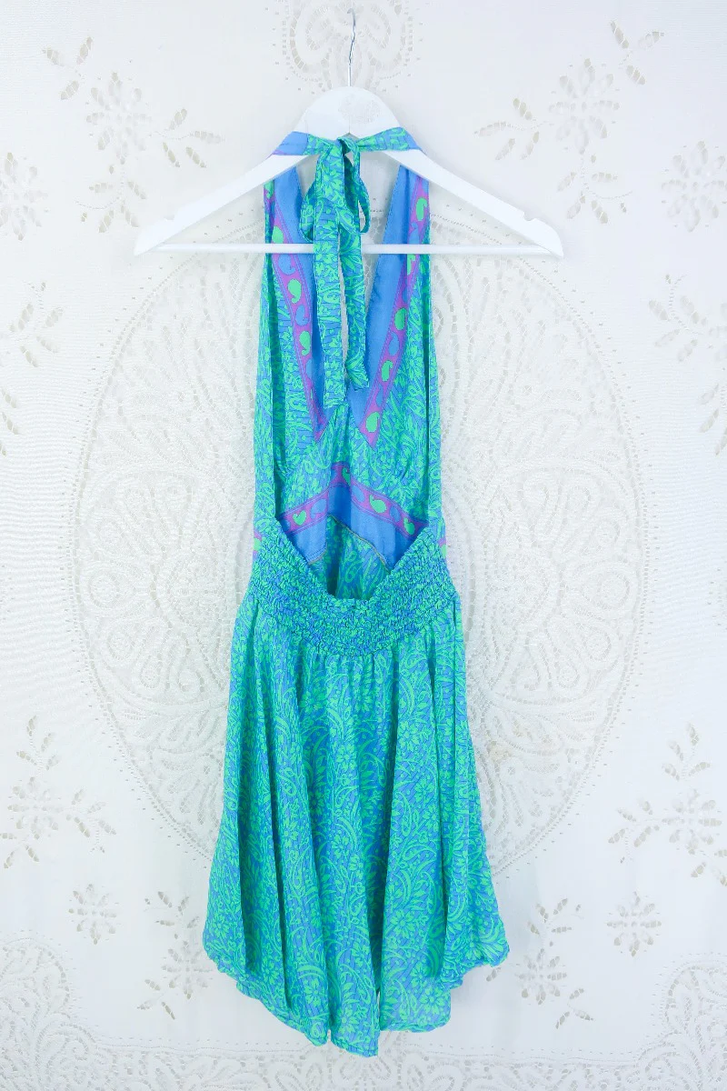 Sydney Mini Halter Dress - Seafoam & Sky Blue Floral - Vintage Sari - XXS - Image 3