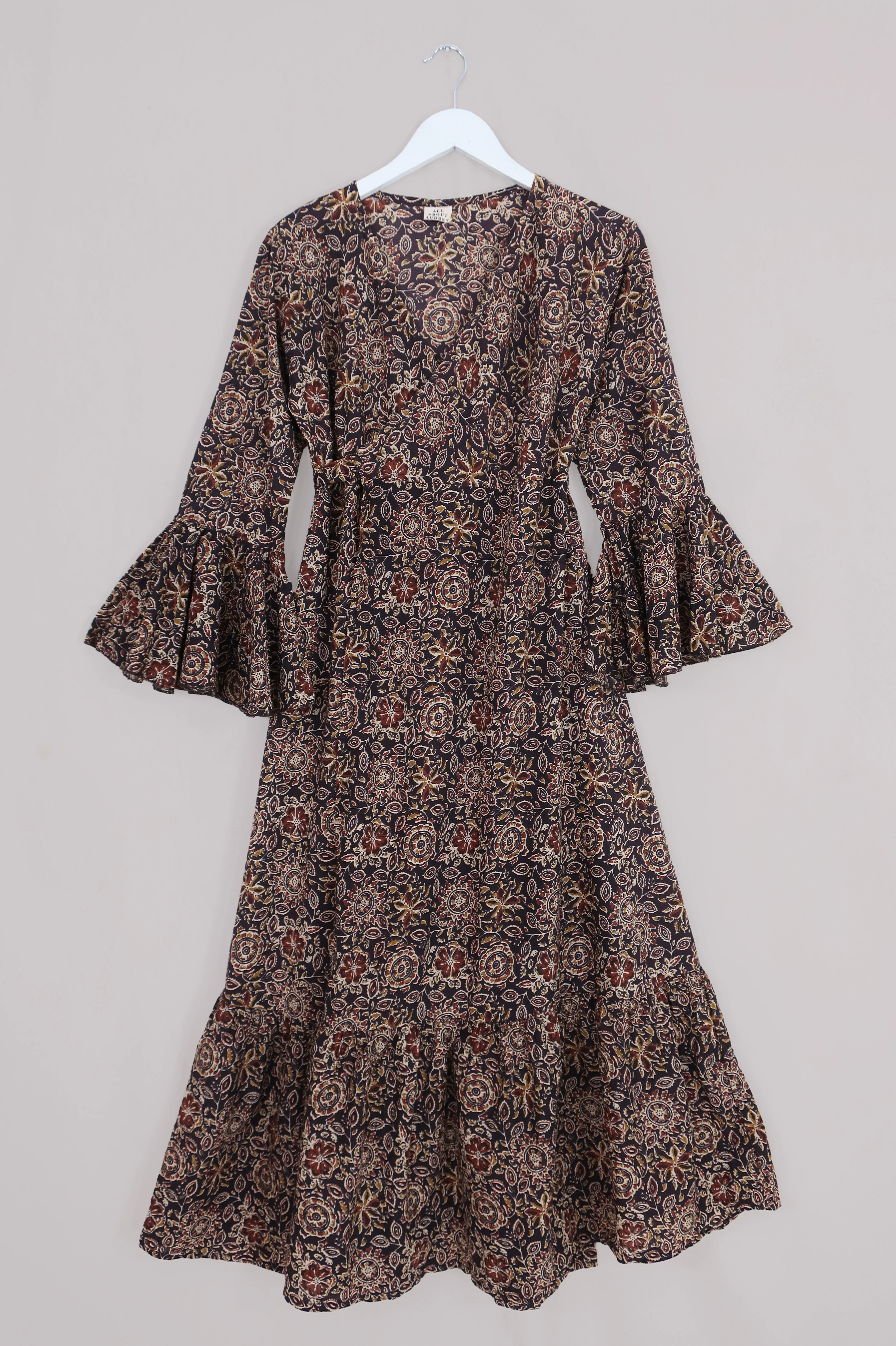 Sylvia Maxi Wrap Dress in Umber Brown Floral Block Print - Image 2