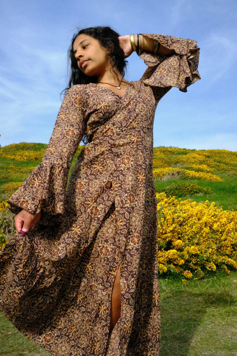 Sylvia Maxi Wrap Dress in Umber Brown Floral Block Print - Image 3