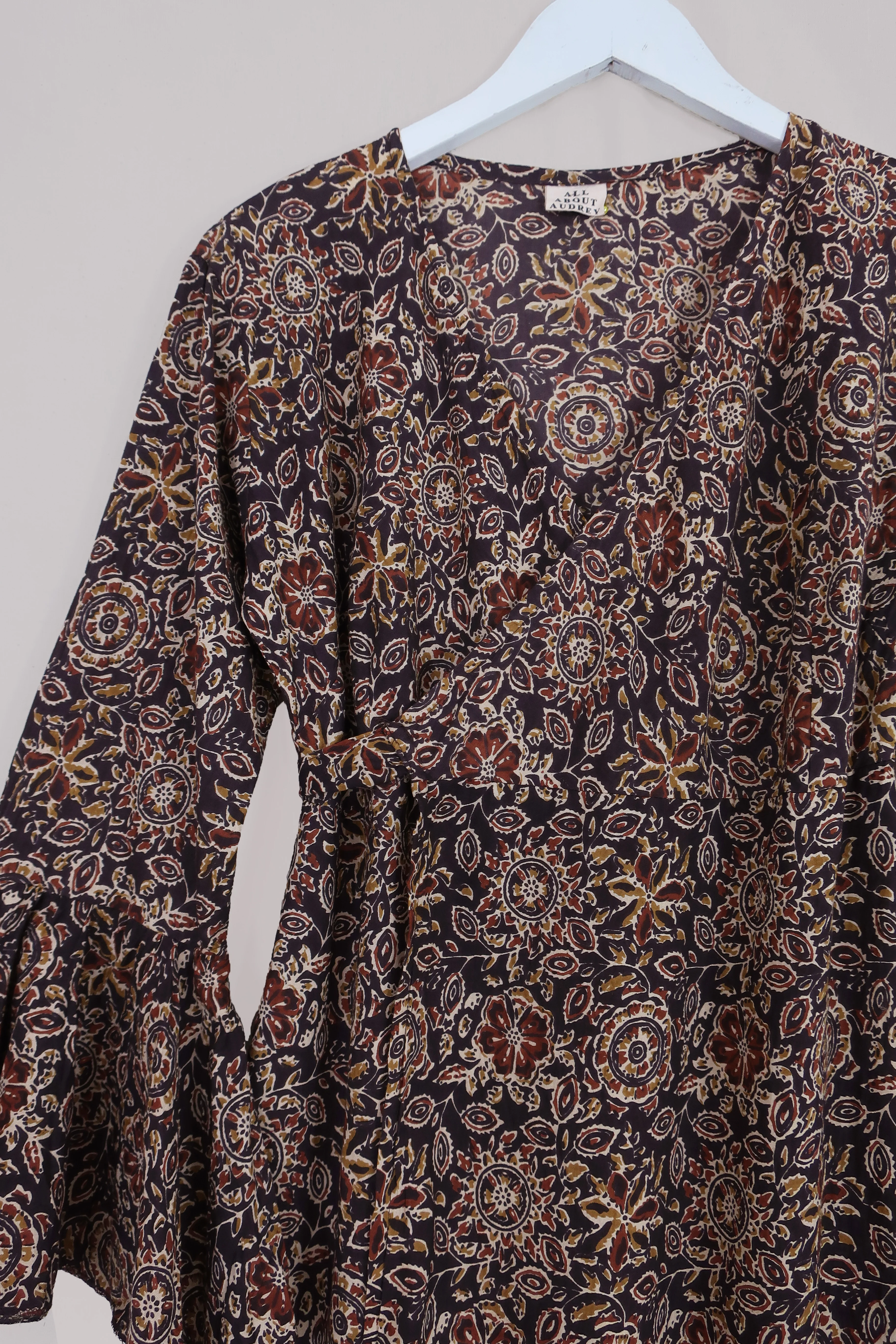 Sylvia Maxi Wrap Dress in Umber Brown Floral Block Print - Image 4