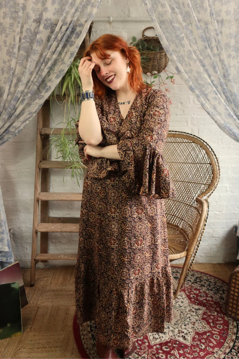Sylvia Maxi Wrap Dress in Umber Brown Floral Block Print - Image 5