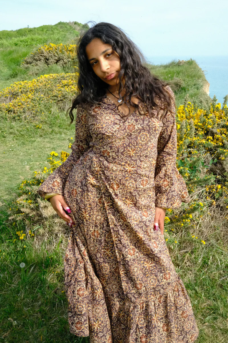 Sylvia Maxi Wrap Dress in Umber Brown Floral Block Print - Image 7