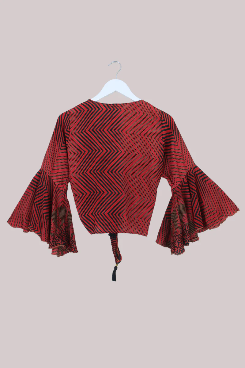 Sylvia Recycled Sari Wrap Top in Bright Ruby Zigzag - Size XS - Image 3