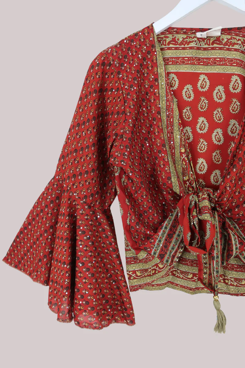 Sylvia Recycled Sari Wrap Top in Clay Red & Gold Paisley - Size S/M - Image 2