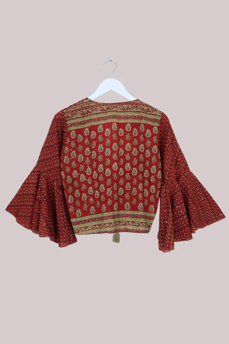 Sylvia Recycled Sari Wrap Top in Clay Red & Gold Paisley - Size S/M - Image 3