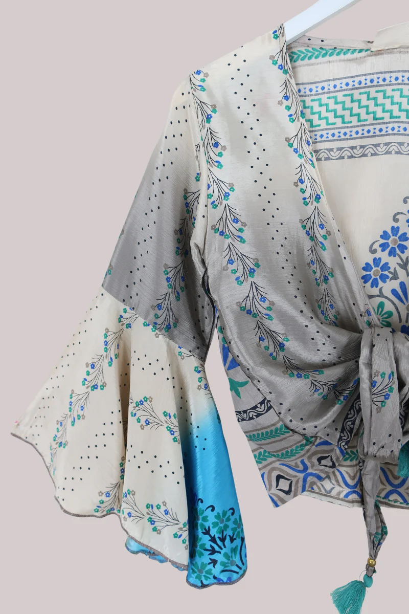 Sylvia Recycled Sari Wrap Top in Ionian Sea Florals - Size XS - Image 2