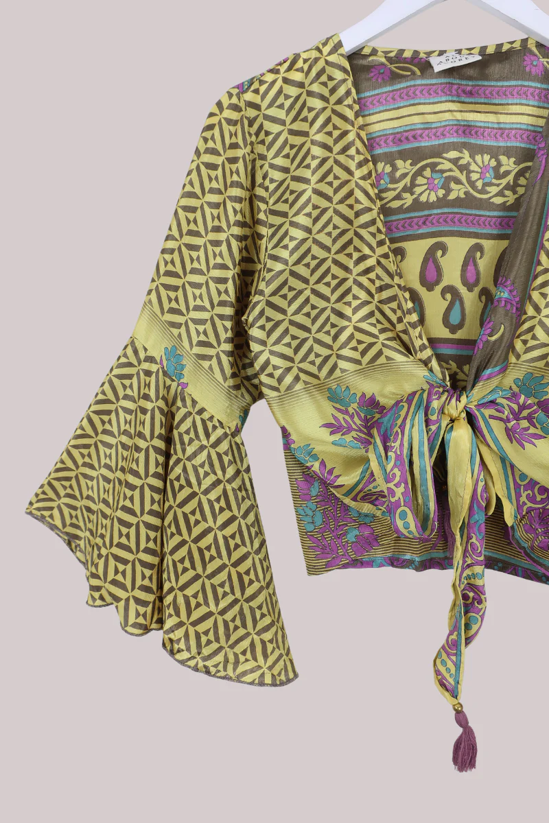 Sylvia Recycled Sari Wrap Top in Lemon Lavender Paisley - Size S/M - Image 2
