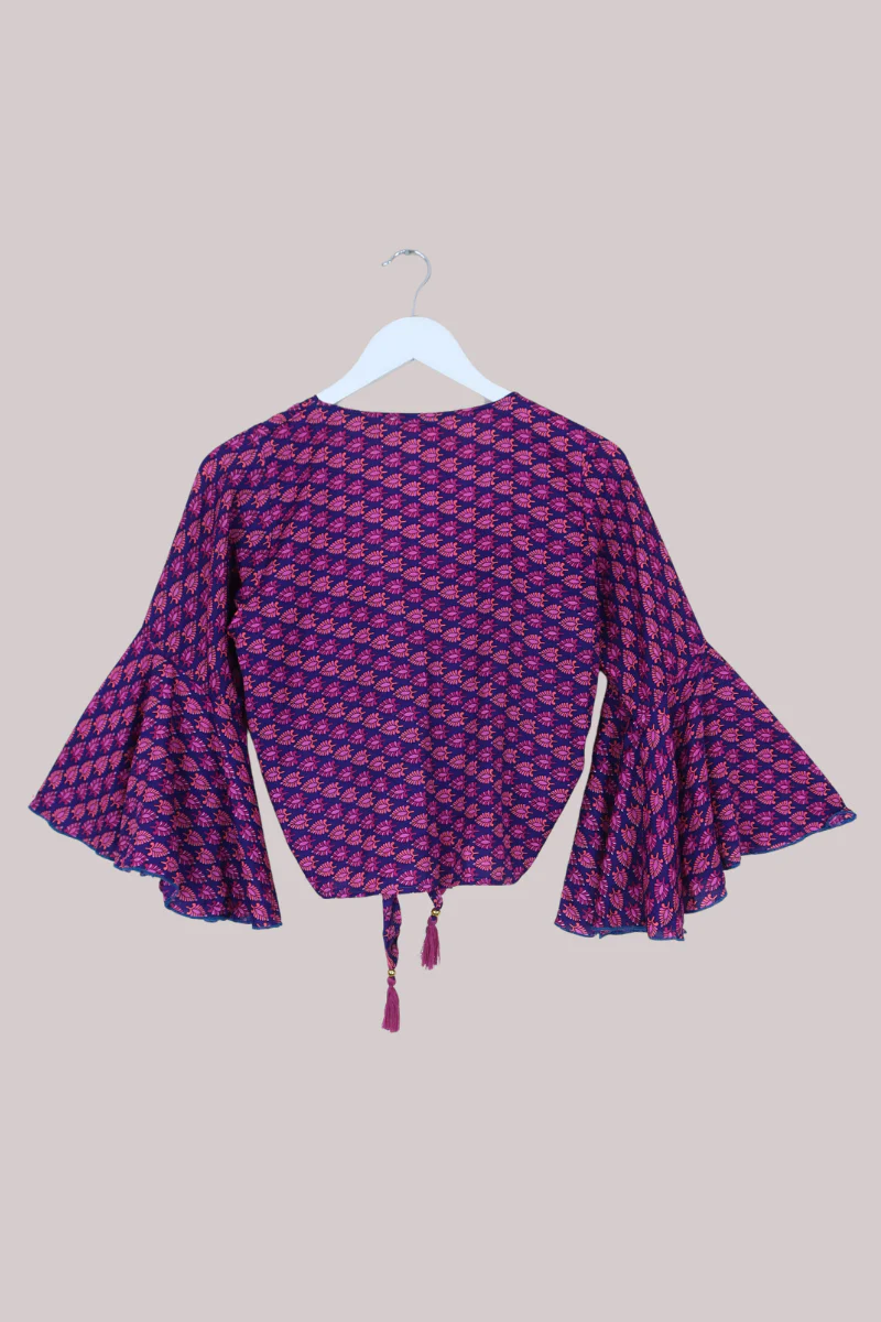 Sylvia Recycled Sari Wrap Top in Plum Wine Florals - Size XS - Image 3