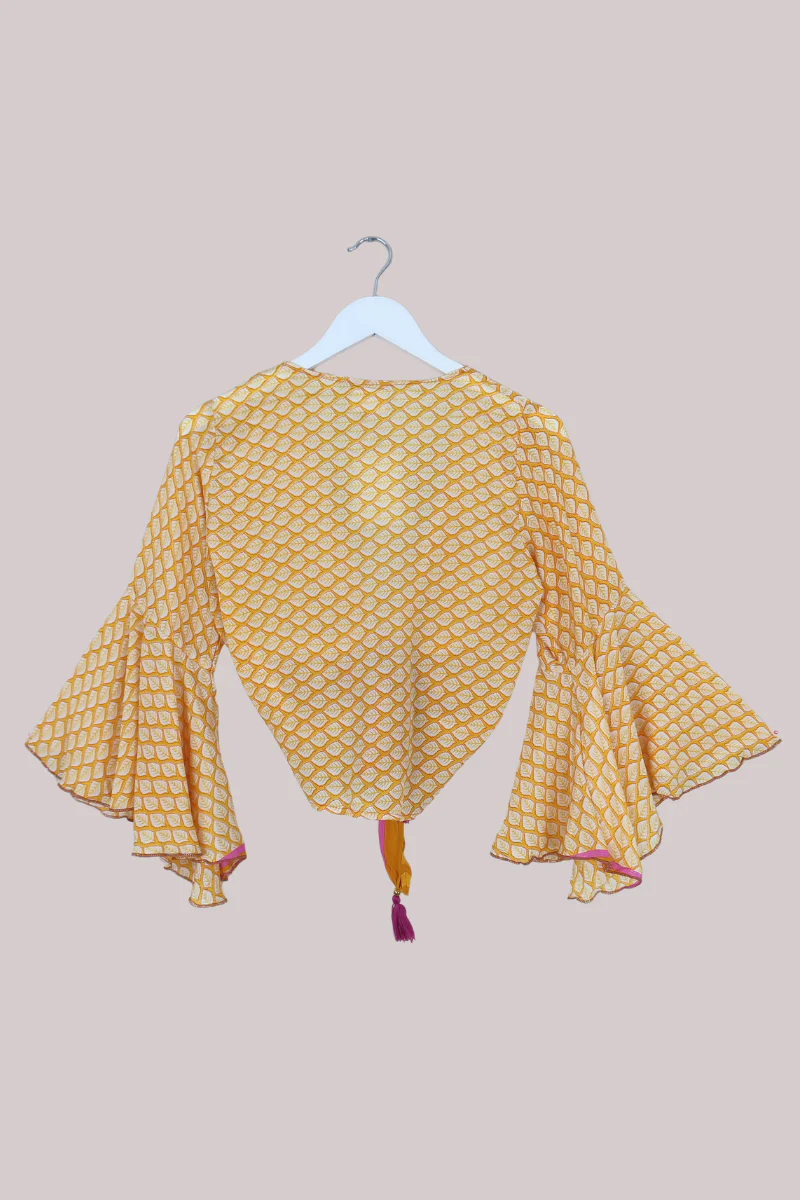 Sylvia Recycled Sari Wrap Top in Sunflower Yellow Leaf - Size XS - Image 3