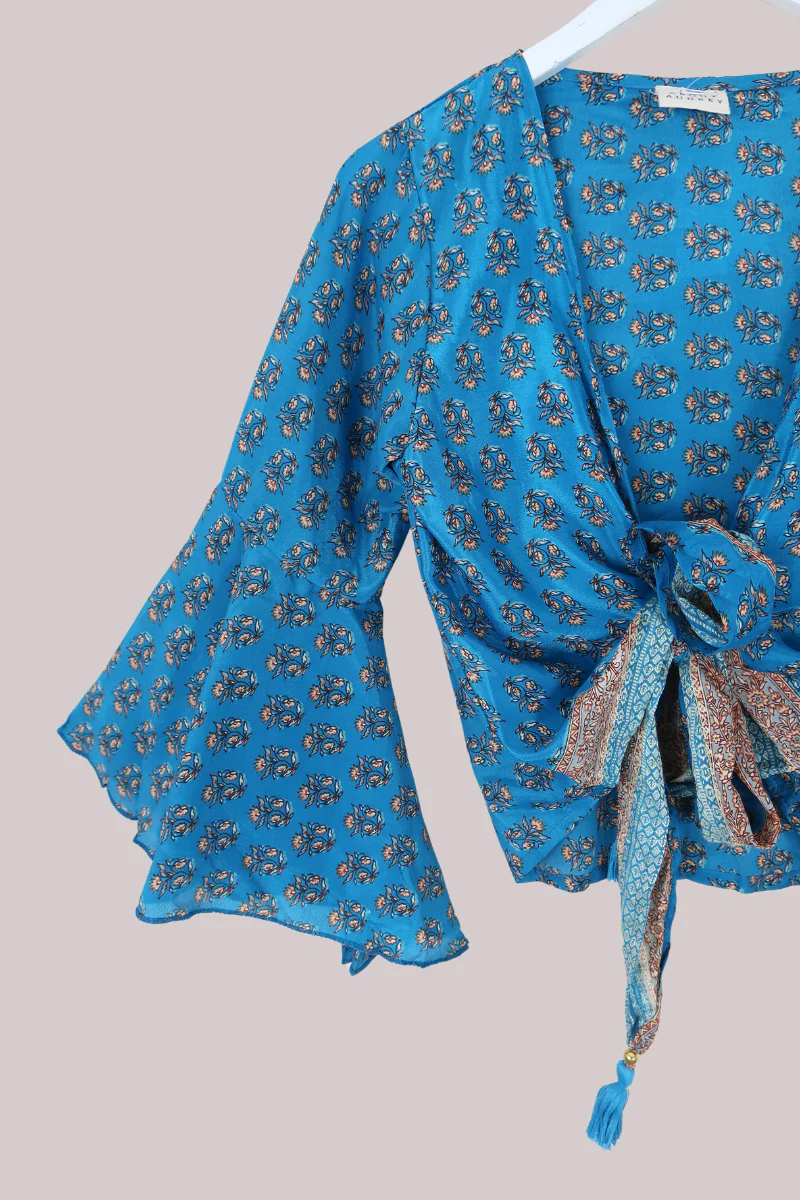 Sylvia Recycled Sari Wrap Top in Turquoise & Sand Wildflowers - Size XS - Image 2
