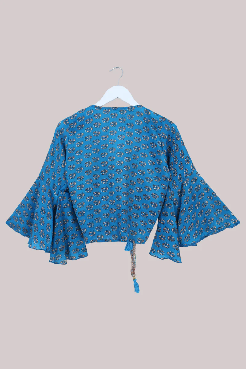 Sylvia Recycled Sari Wrap Top in Turquoise & Sand Wildflowers - Size XS - Image 3