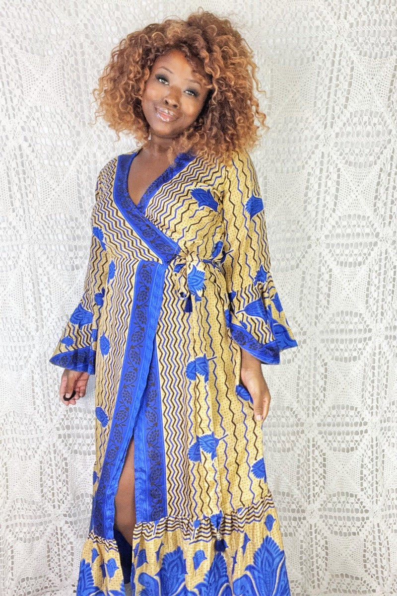 Sylvia Wrap Dress - Vintage Indian Sari - Gold & Cobalt (S/M) - Image 5