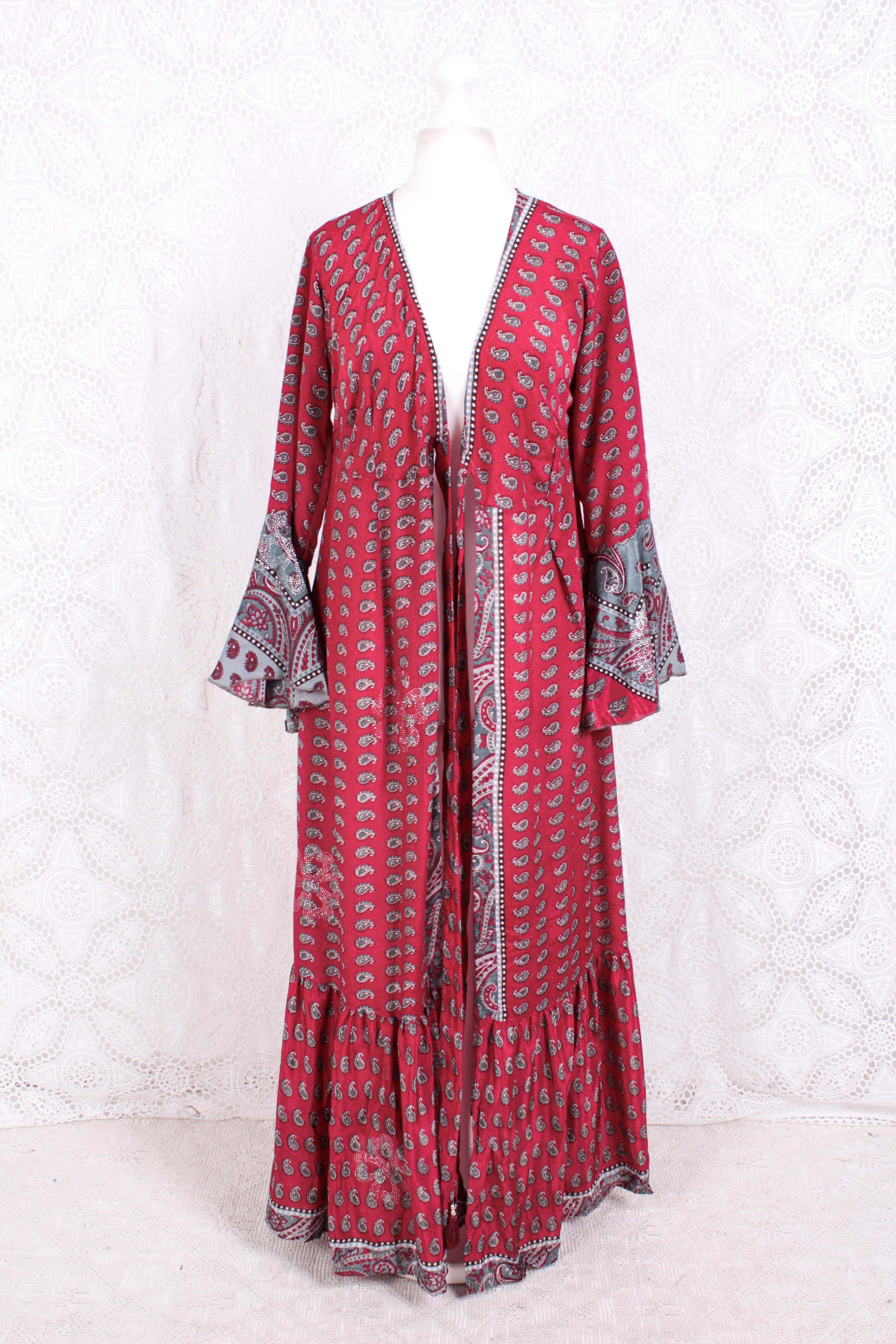 Sylvia Wrap Dress - Vintage Indian Sari - Pink & Silver Paisley (XS - S) - Image 3