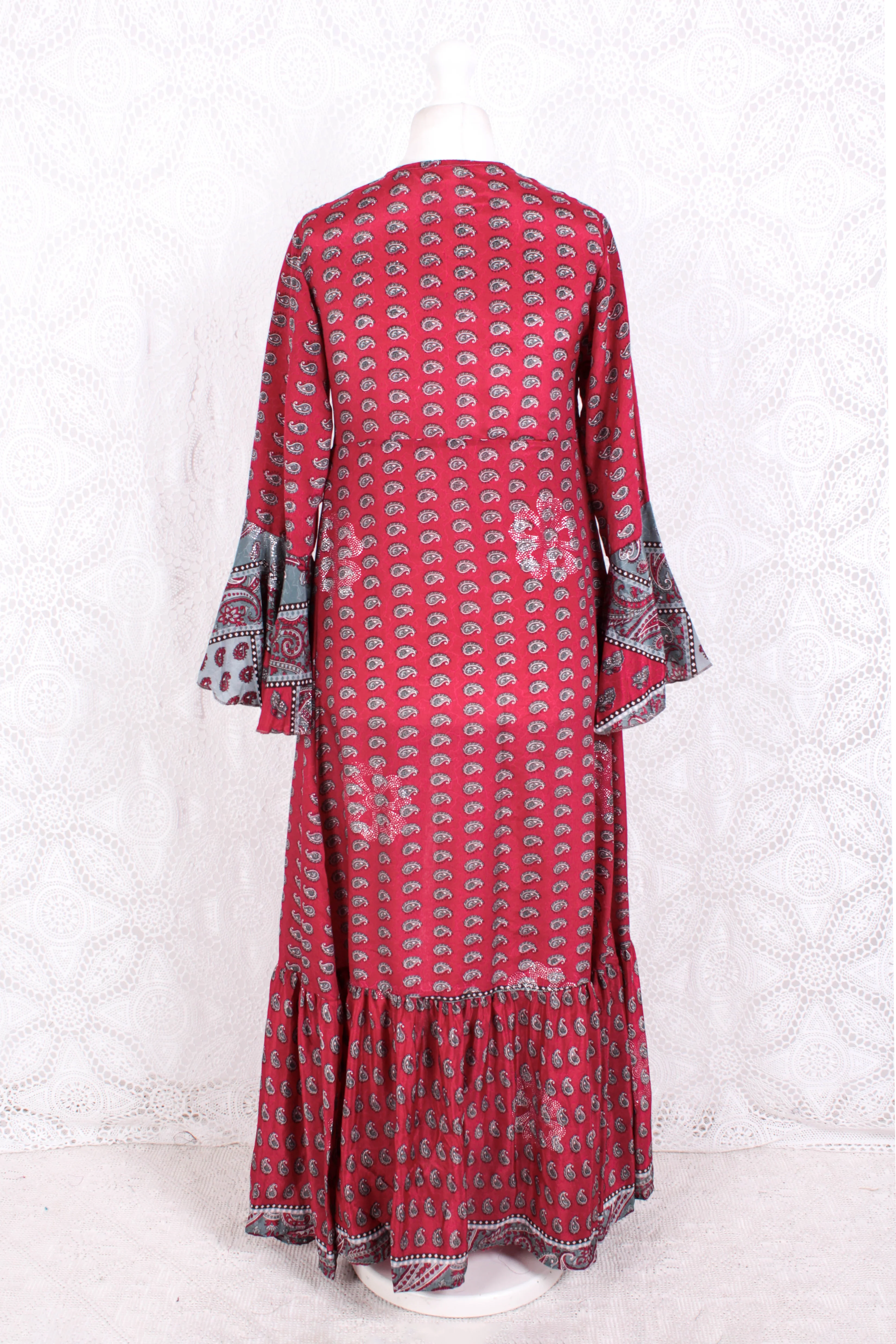Sylvia Wrap Dress - Vintage Indian Sari - Pink & Silver Paisley (XS - S) - Image 4