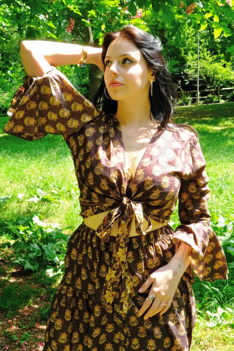 Sylvia Wrap Top in Saddle Brown Block Print Floral - Image 3