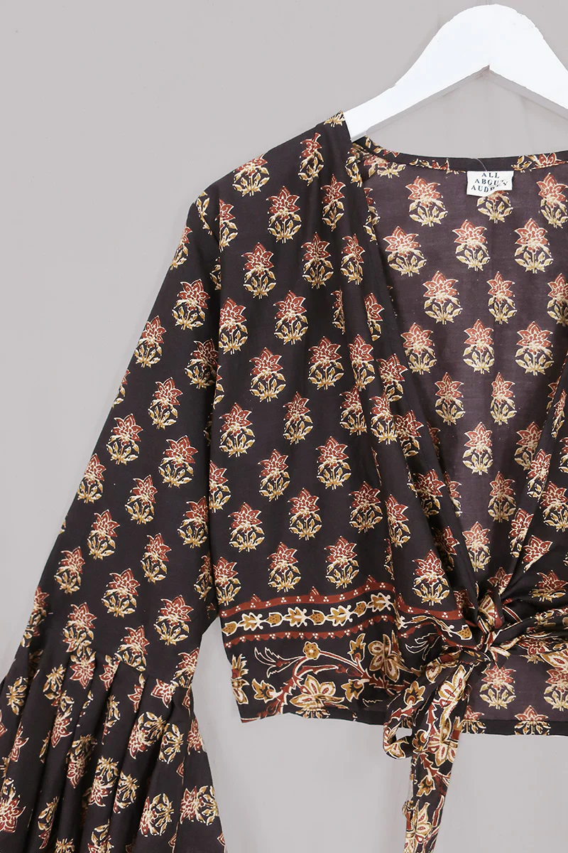 Sylvia Wrap Top in Saddle Brown Block Print Floral - Image 4