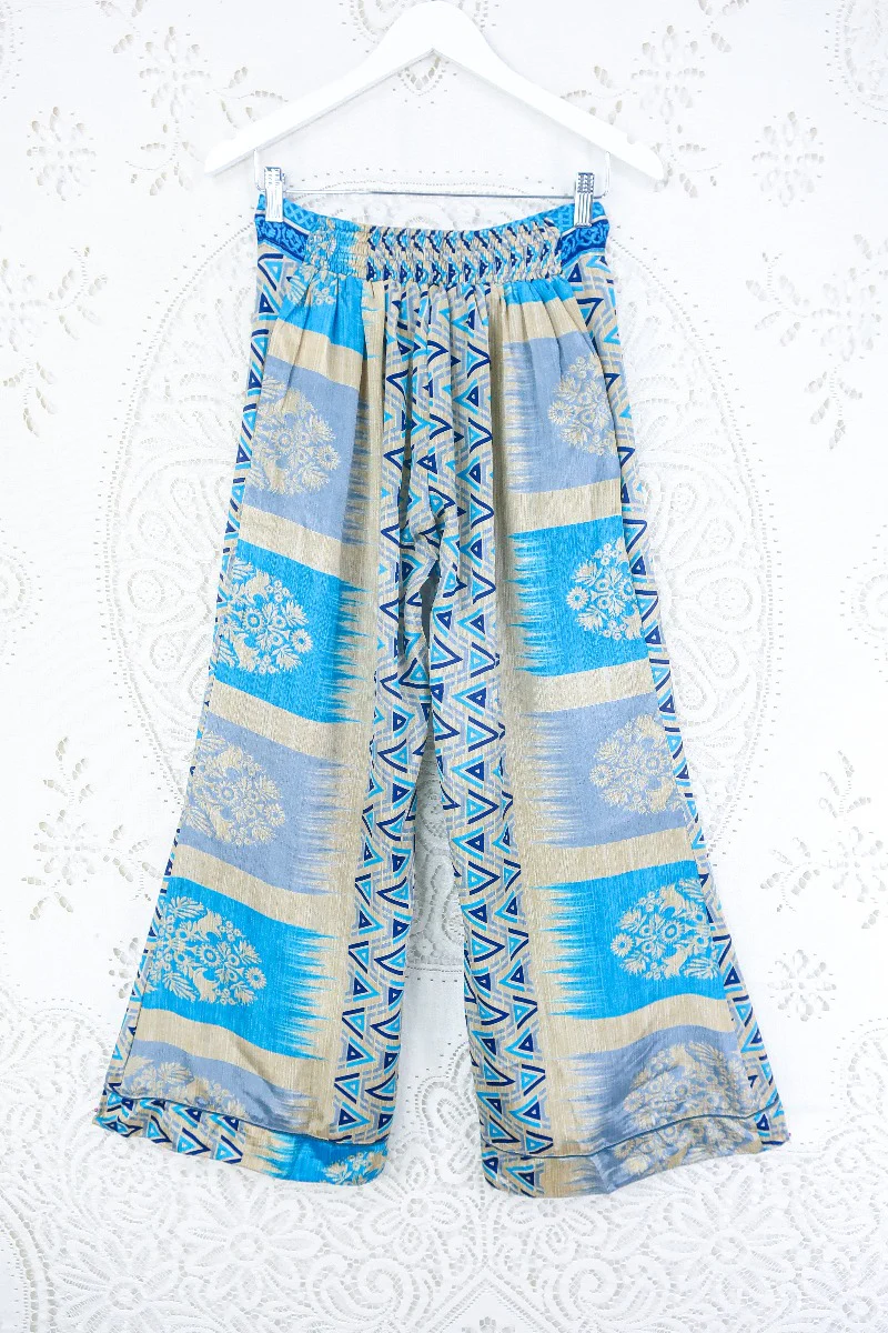 Tandy Wide Leg Trousers - Vintage Sari - Cerulean, Sand & Navy Geometric - Free Size M/L - Image 3