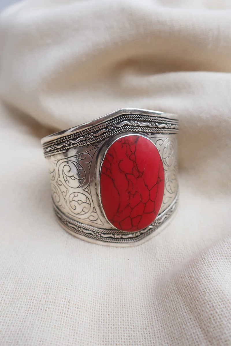 Turkish Silver Plated Brass Bangle with Reconstituted Coral - Image 2