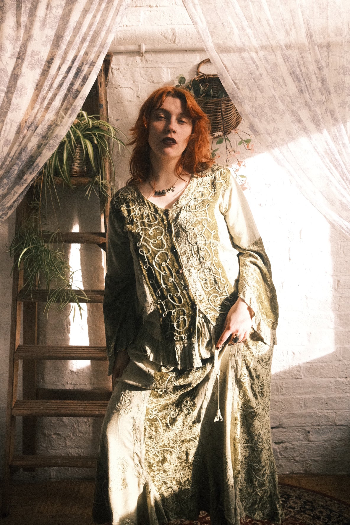 Embroidered Velvet Handkerchief Midi Skirt in Dusty Sage - Image 4