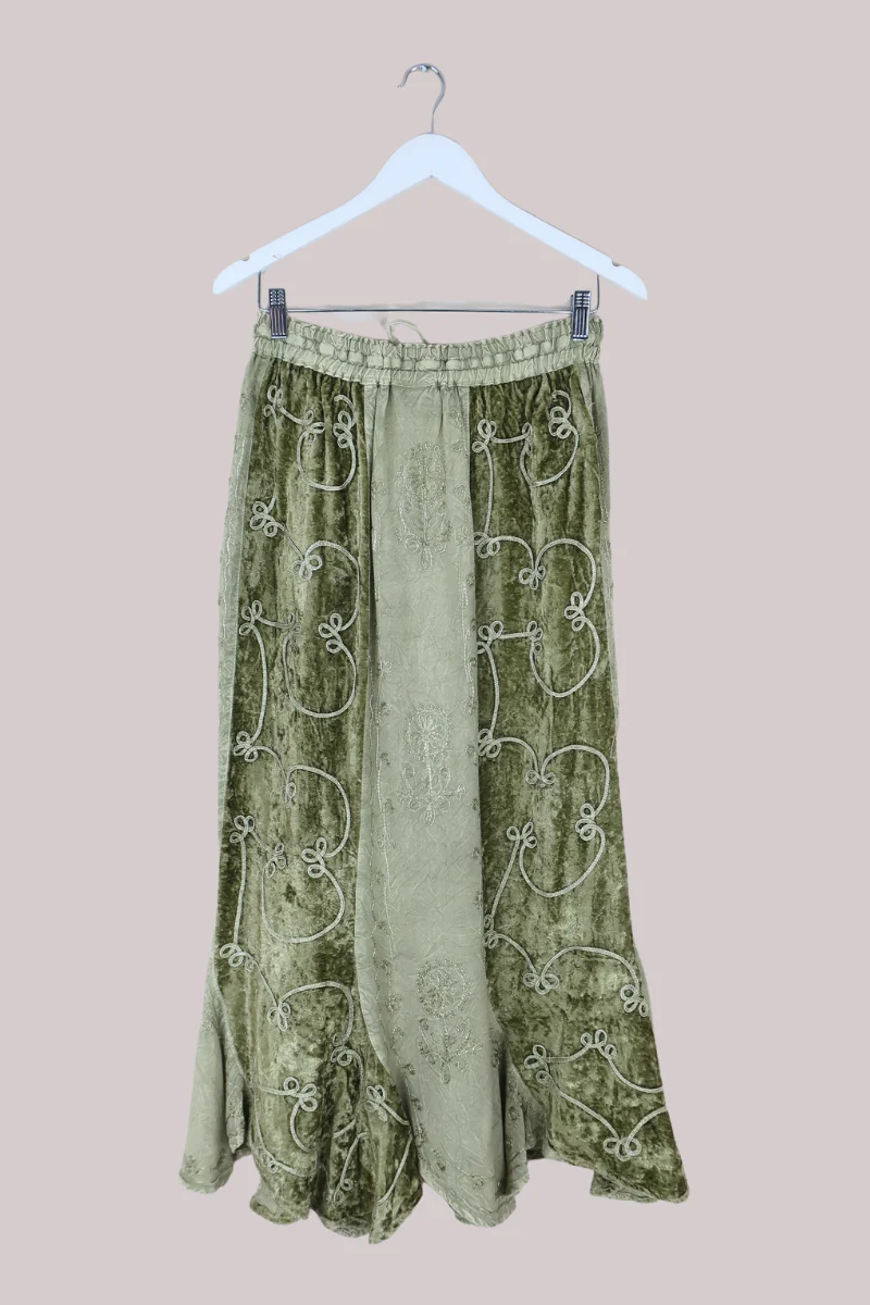 Embroidered Velvet Handkerchief Midi Skirt in Dusty Sage - Image 5