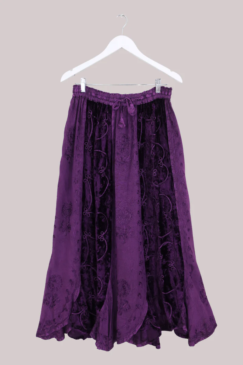 Embroidered Velvet Handkerchief Midi Skirt in Jewelled Violet - Image 2