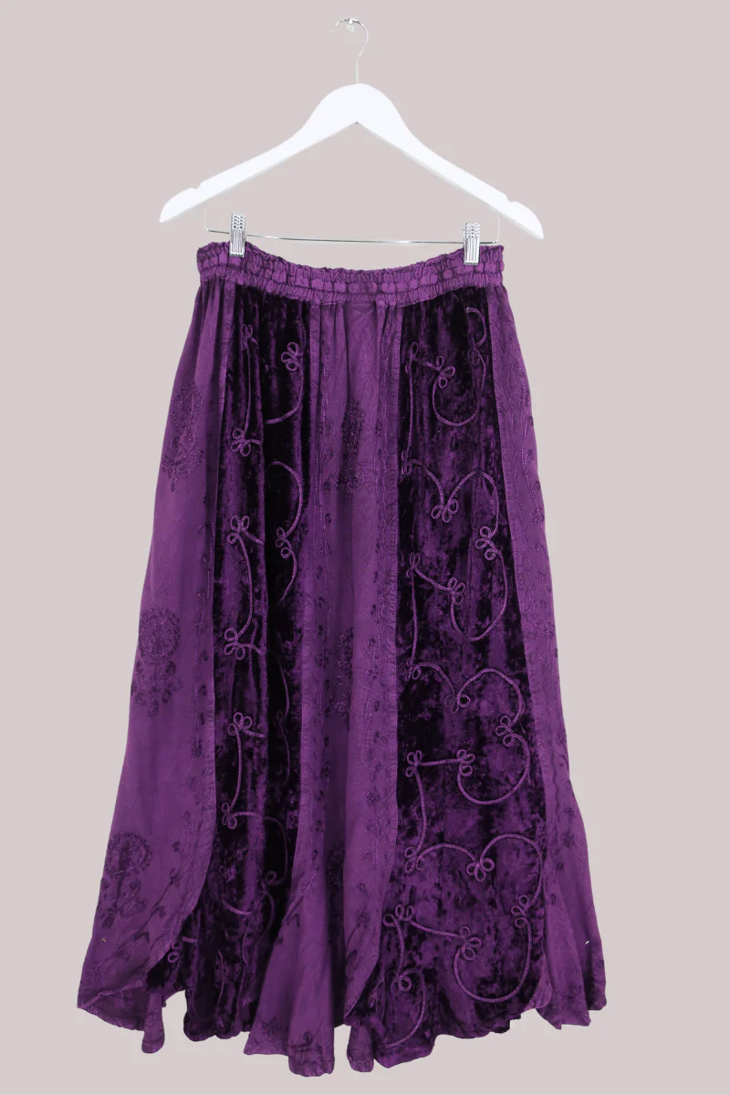 Embroidered Velvet Handkerchief Midi Skirt in Jewelled Violet - Image 4