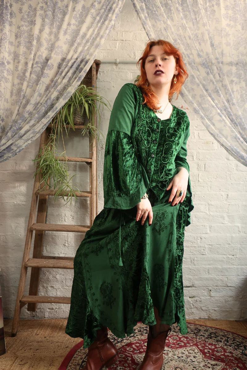 Embroidered Velvet Handkerchief Midi Skirt in Pine Green