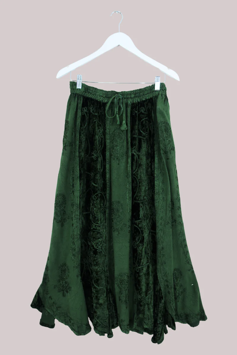 Embroidered Velvet Handkerchief Midi Skirt in Pine Green - Image 2