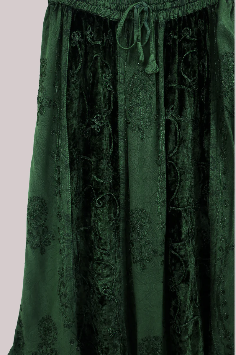 Embroidered Velvet Handkerchief Midi Skirt in Pine Green - Image 3