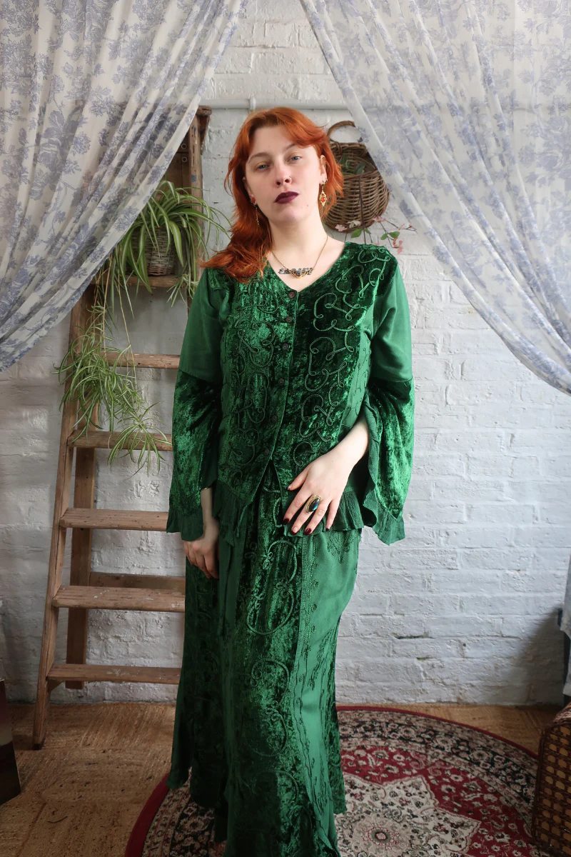 Embroidered Velvet Handkerchief Midi Skirt in Pine Green - Image 4