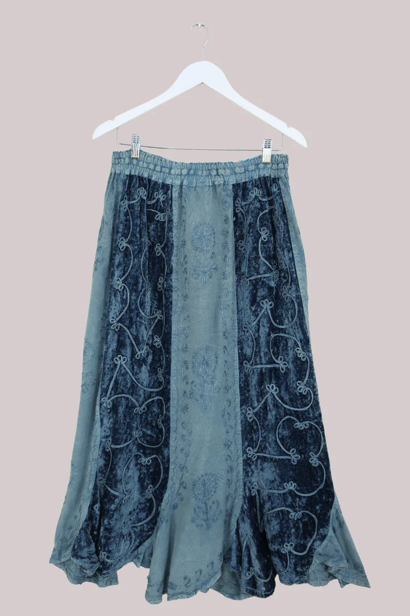 Embroidered Velvet Handkerchief Midi Skirt in Oceanic Blue - Image 4
